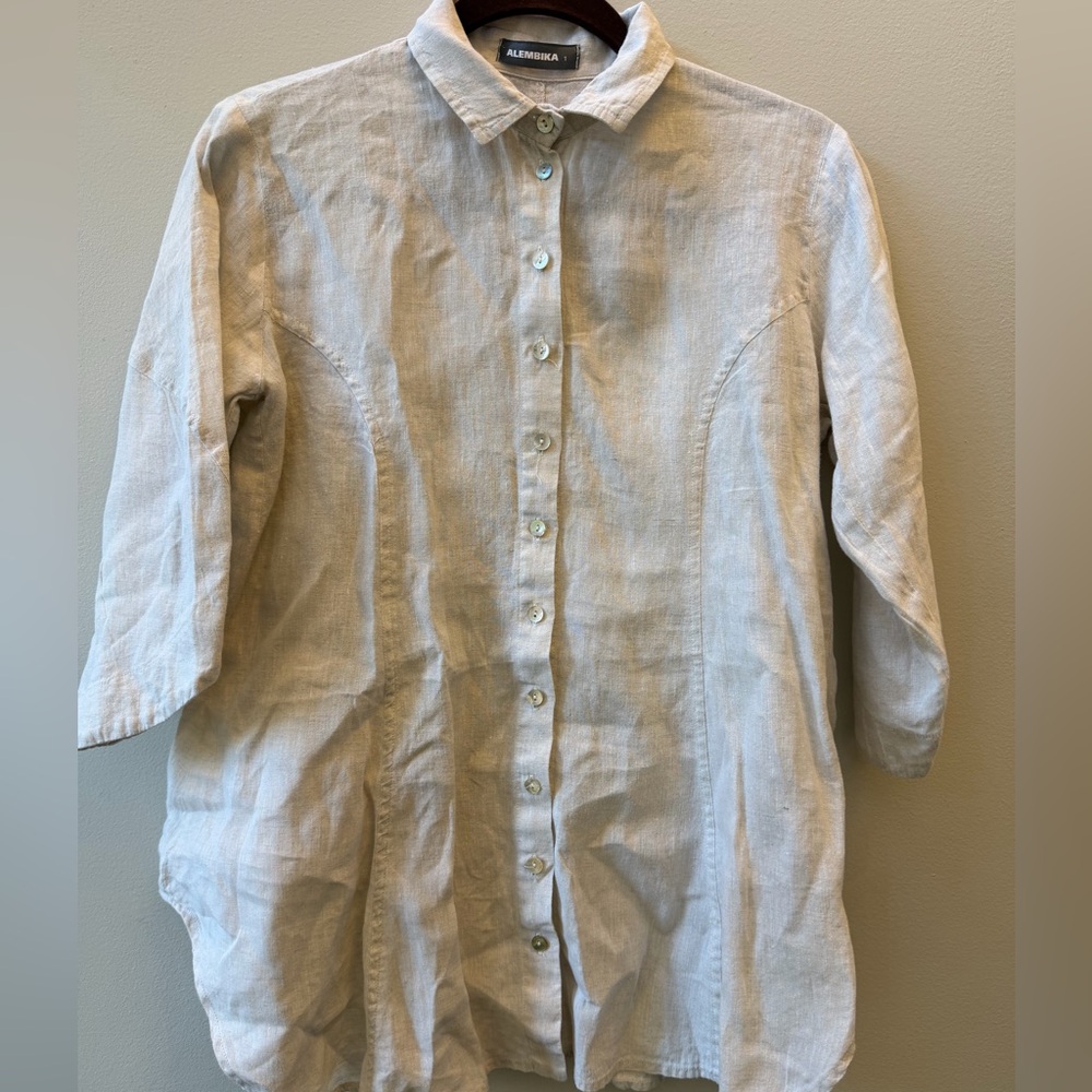 Alembika Women's Oatmeal Beige Natural Button Down Shirt 3/4 Sleeve size 1 US6/8